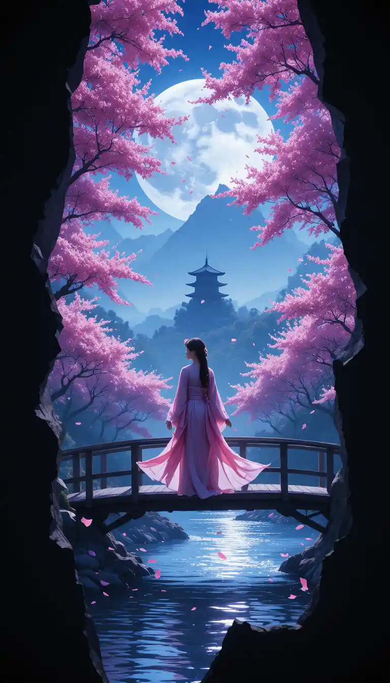 Woman in kimono on moonlit bridge in blossom forest