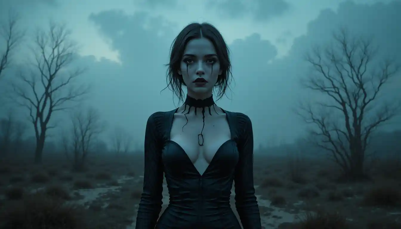 Surreal full body portrait of a woman standing alone