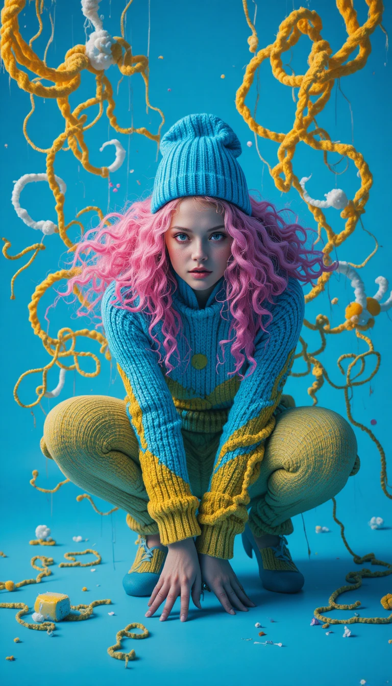 Surreal fashion woman in blue knit surrounded by floating yarn