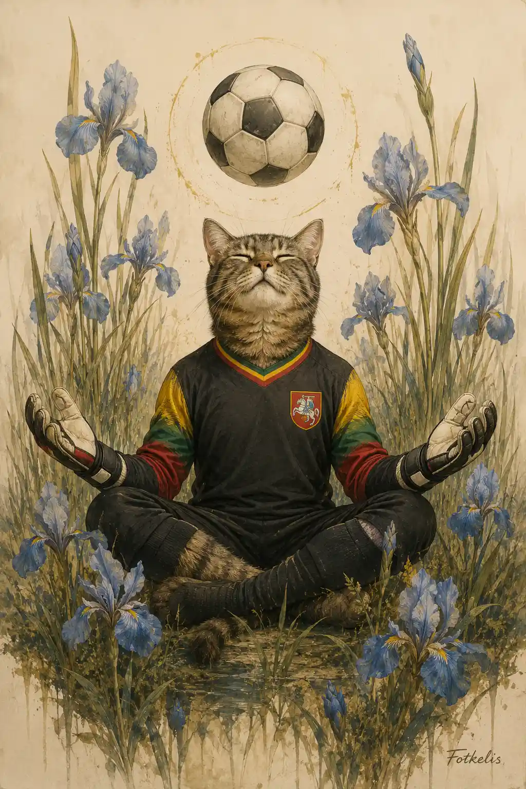 Zen cat goalkeeper among iris flowers in meditation