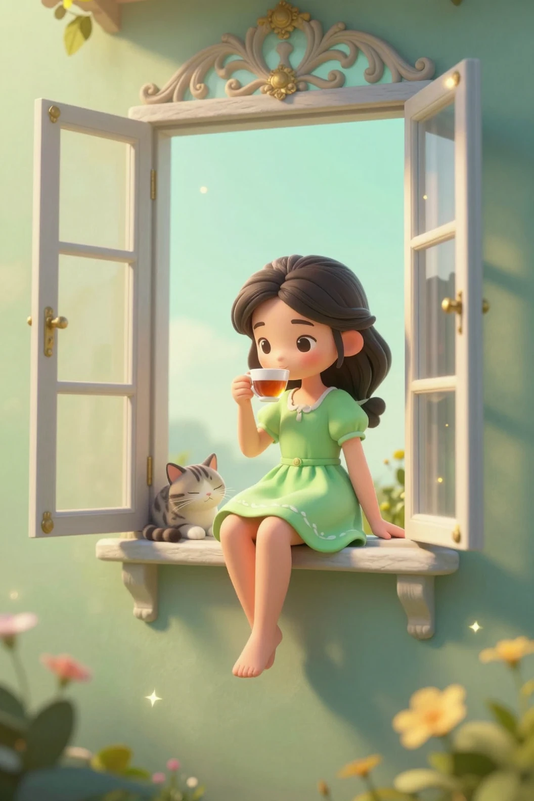 Cute girl with cat at a vintage window at sunset