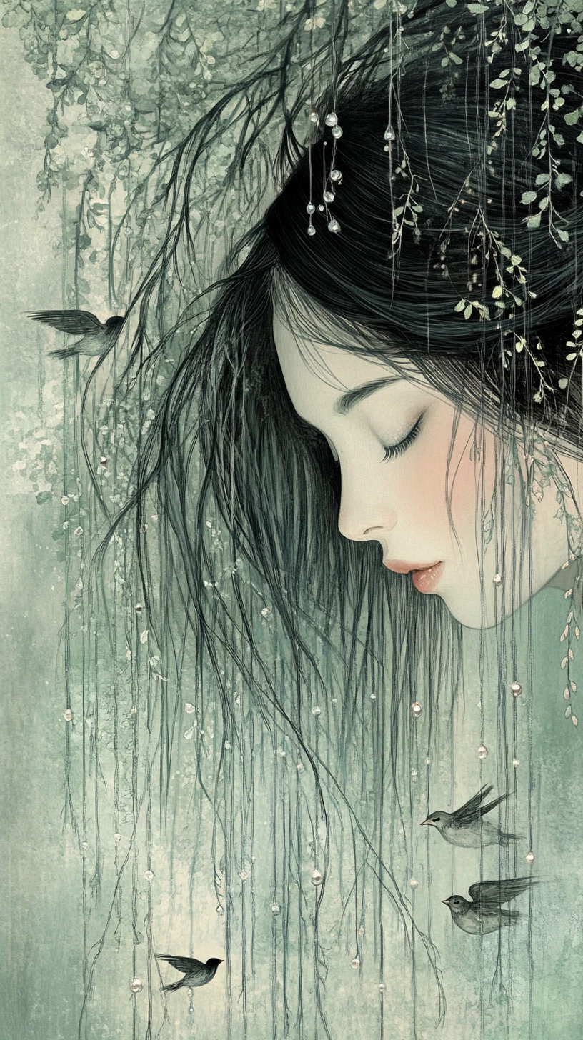 Woman with hair transforming into graceful willow branches