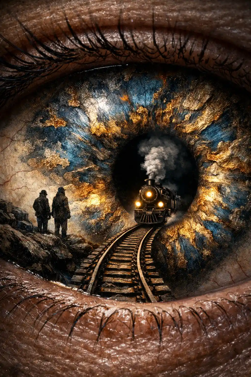 Paisaje Surrealista de Ojo en Primer Plano con Vías de Tren