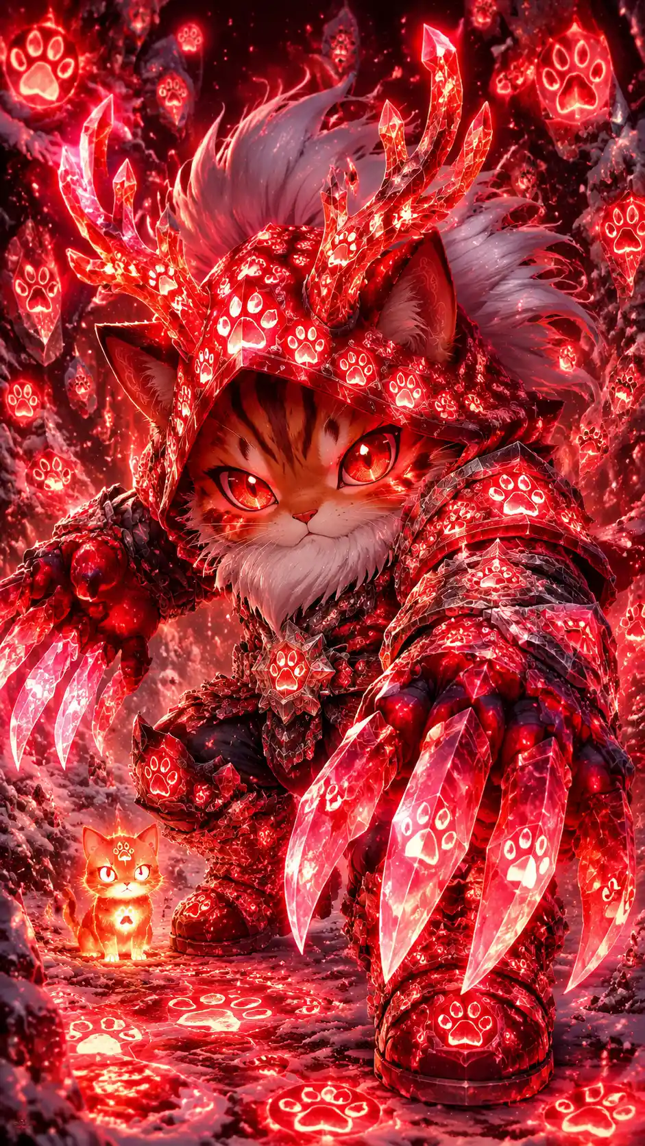 Crystal armored anime cat warrior in a glowing forest
