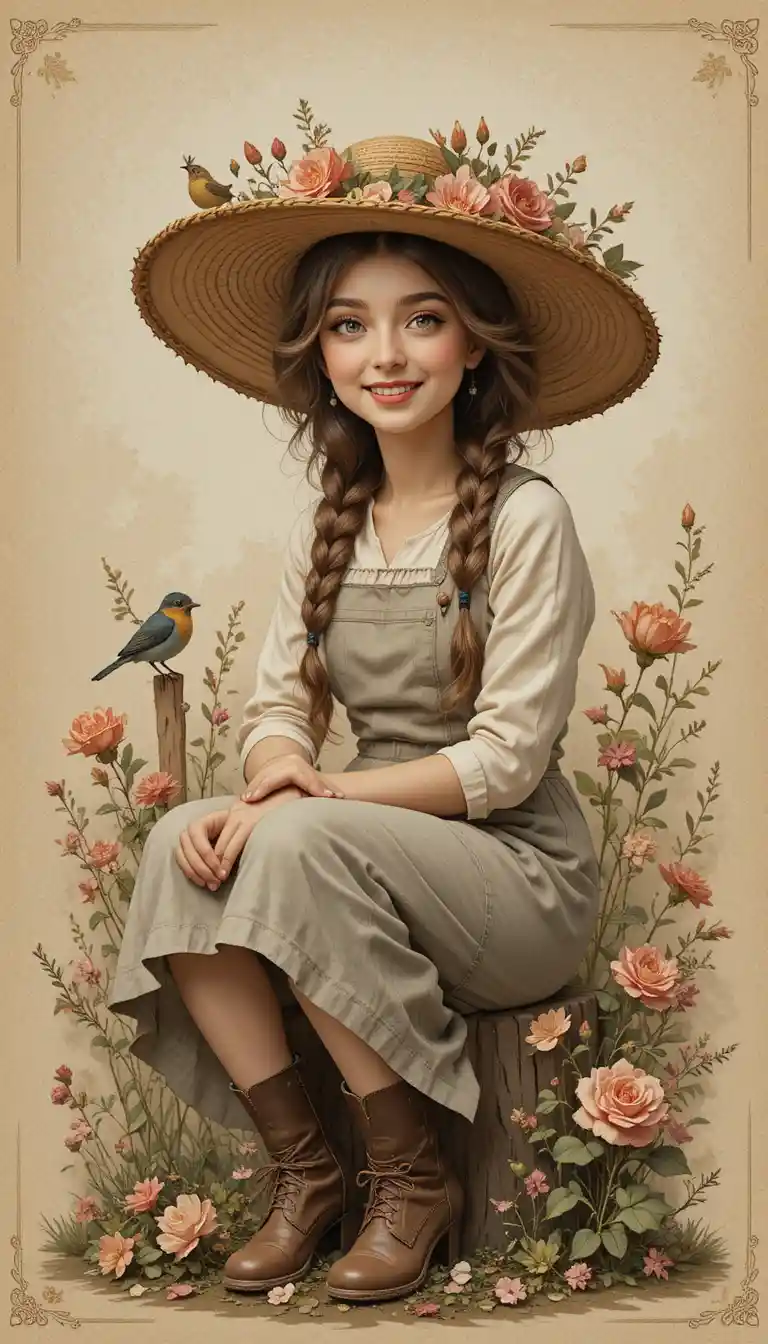 Dreamy girl on a log in vintage textile embroidery