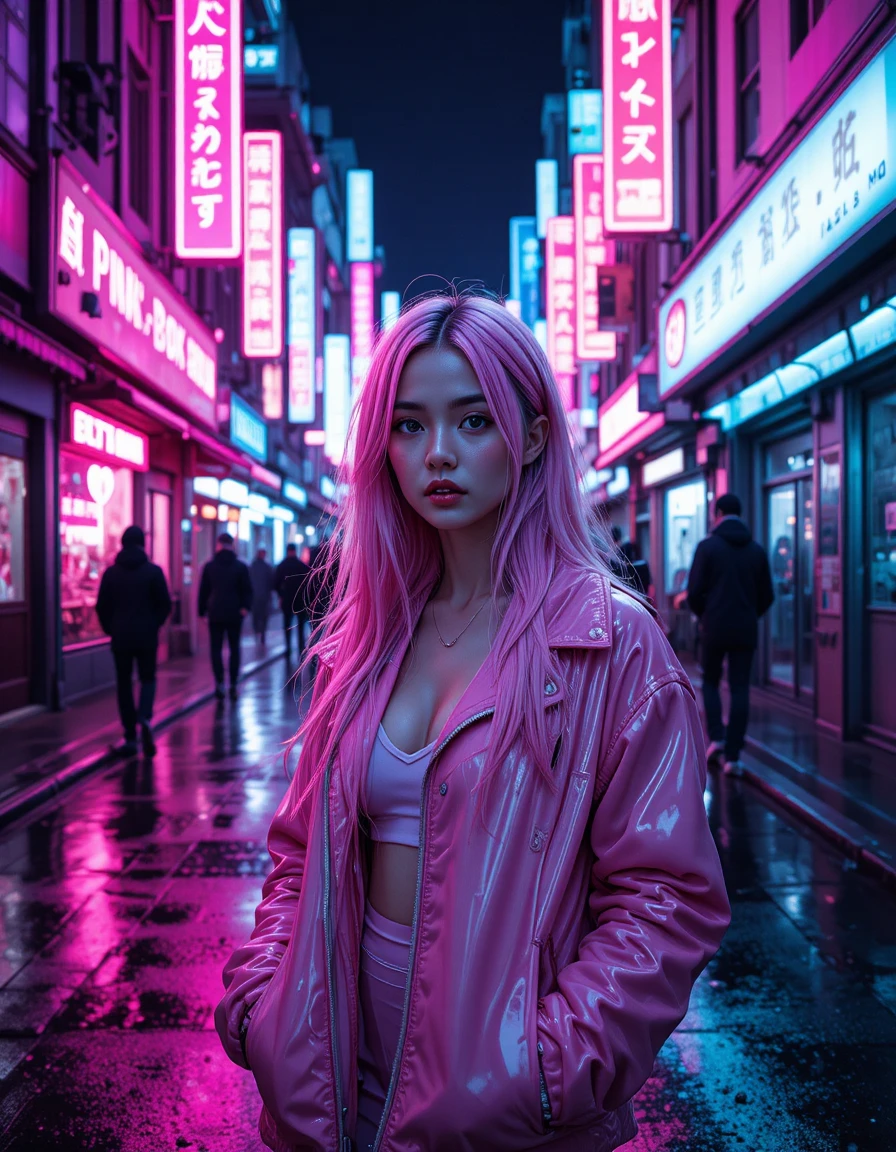 Jovem de neon rosa em uma rua de cidade cyberpunk
