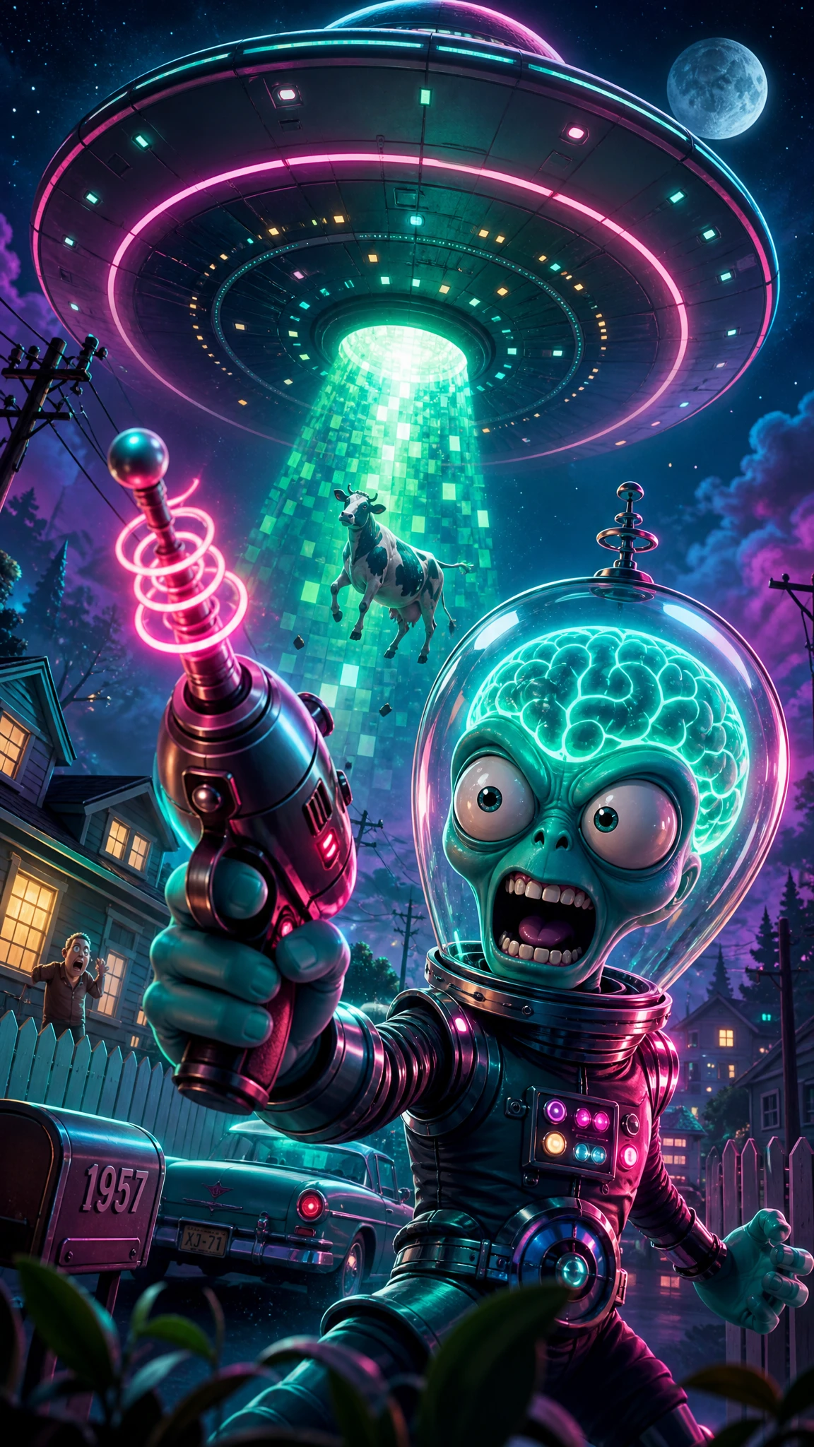 Cartoon alien with UFO beam over retro suburban street