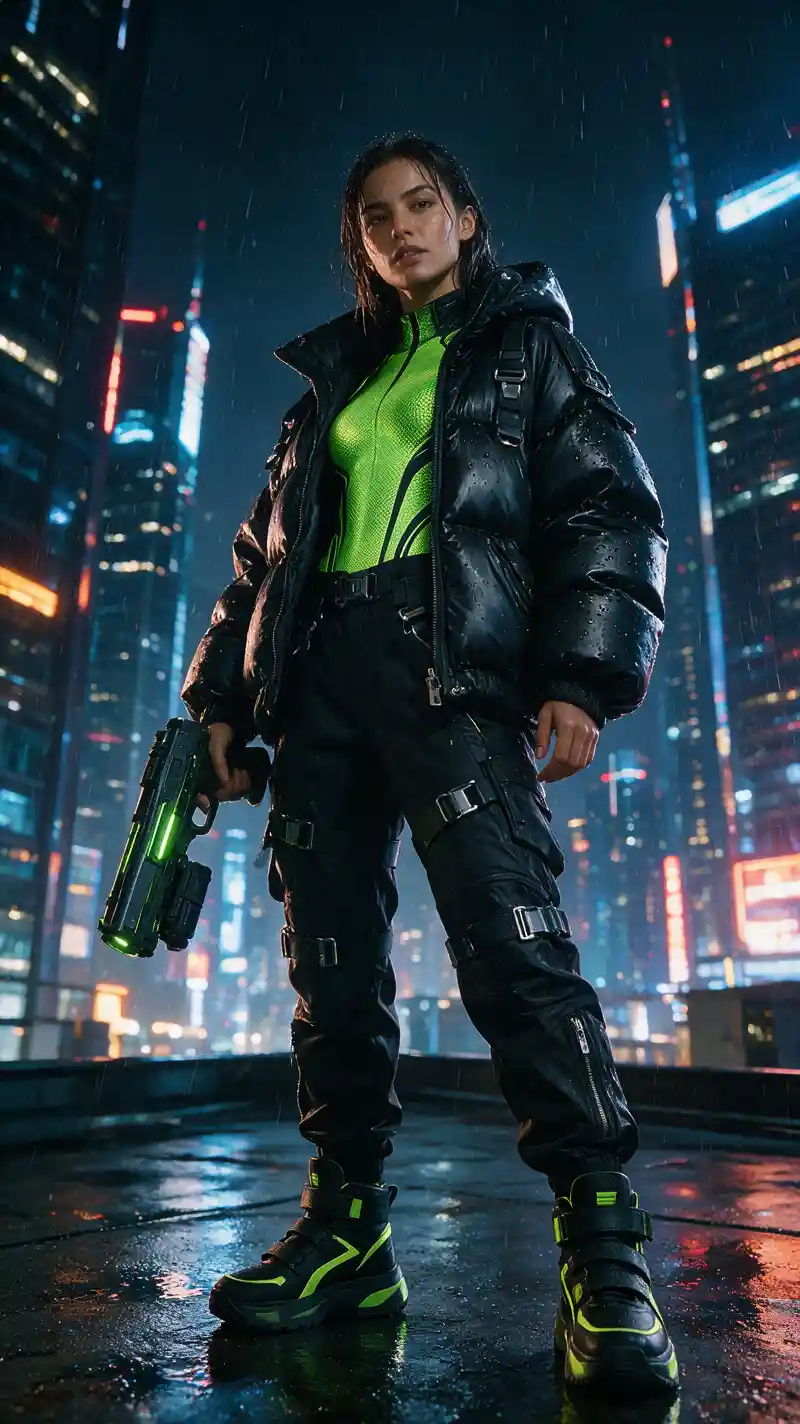 Cyberpunk-Frau auf regennasser Dachterrasse mit Neonlichtern der Stadt