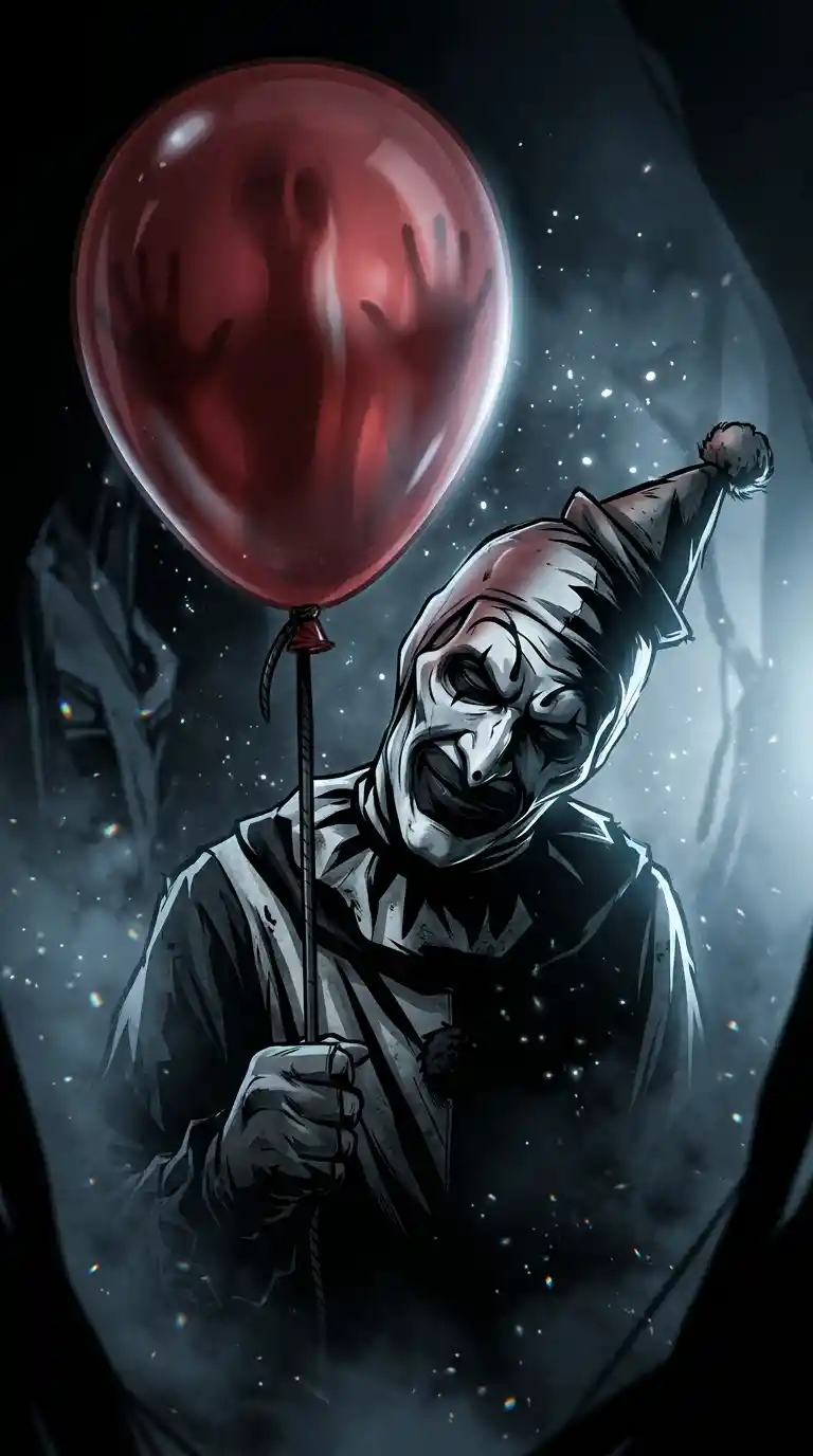Creepy clown emerging from darkness holding a single balloon