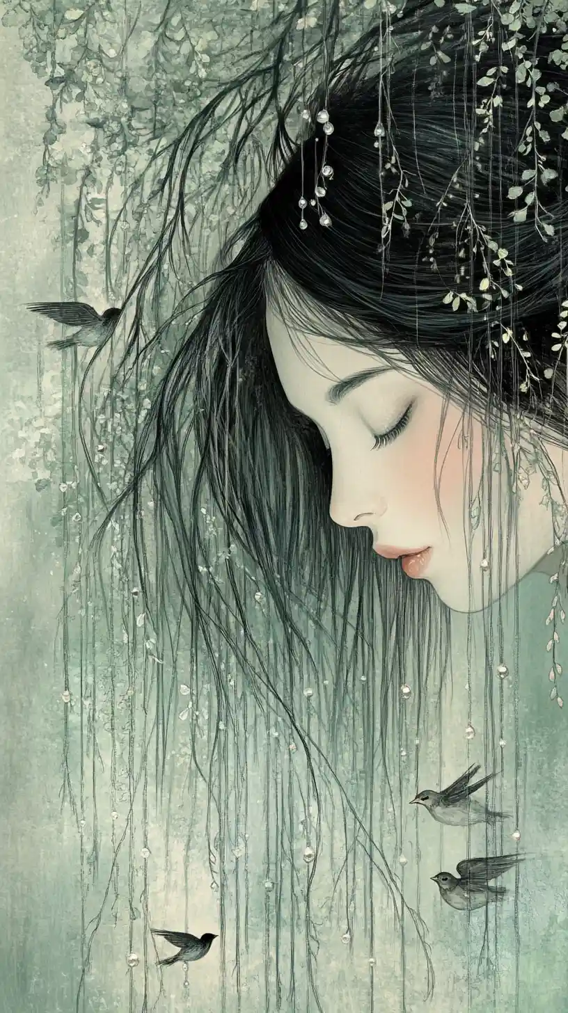 Woman with hair transforming into graceful willow branches