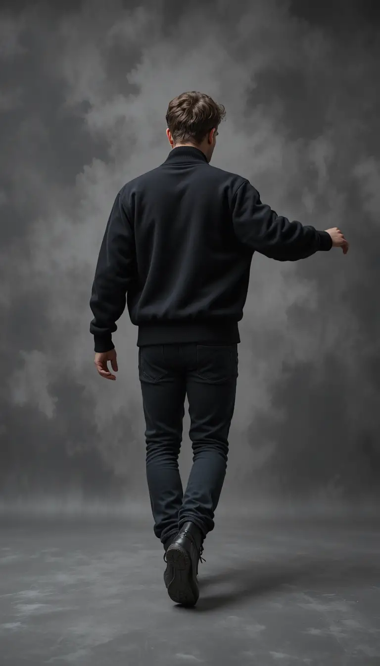 Man jumping in black hoodie with back print mockup
