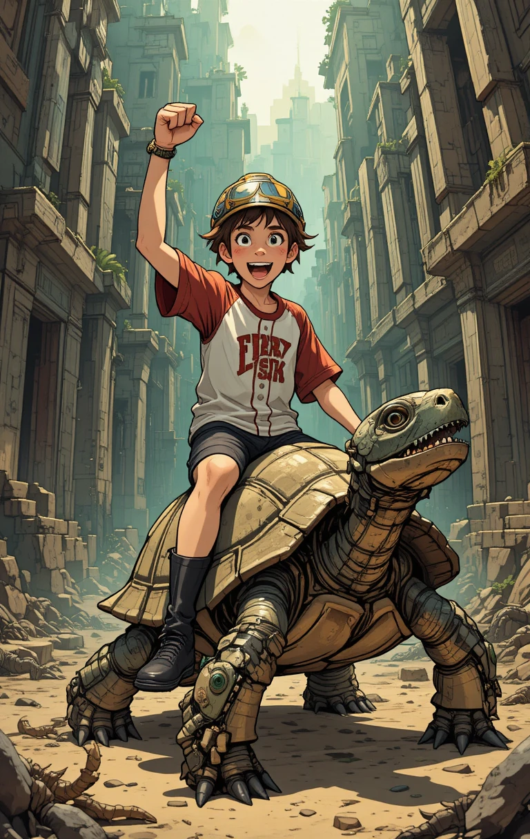 Teen boy riding a tortoise automaton in an ancient maze