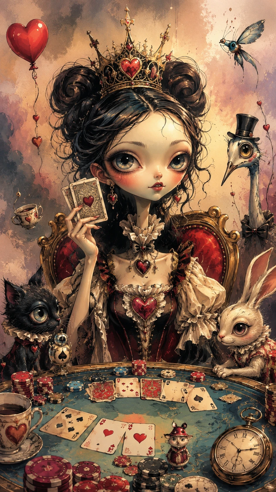 Reina surrealista jugando póker con criaturas mágicas fantásticas