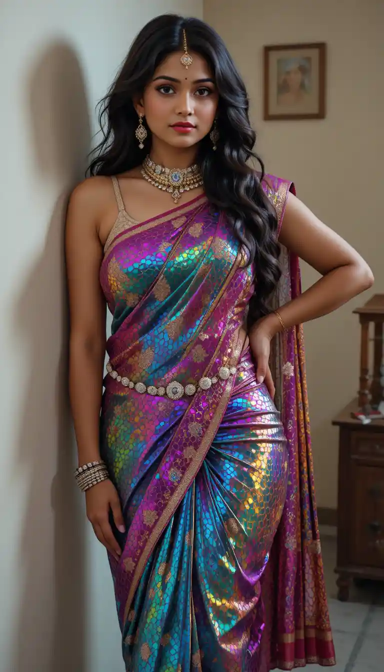 Indian woman in reflective saree posing in rustic interior