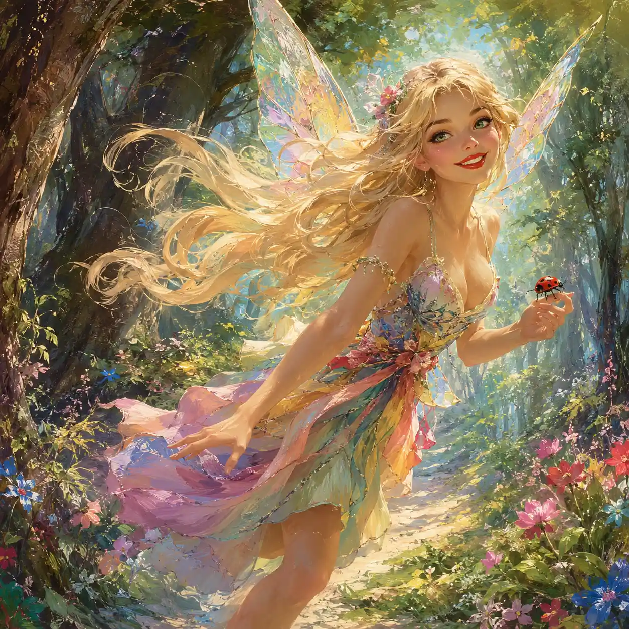 Verspielte blonde Fee, die durch einen bunten Wald läuft