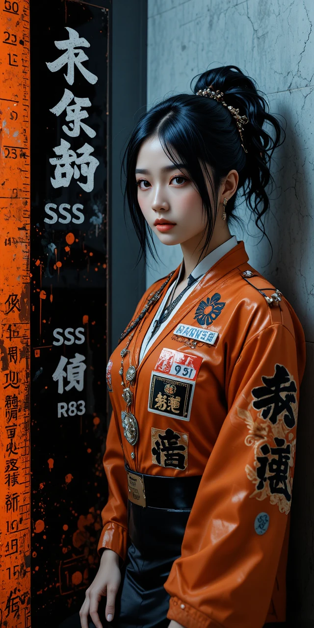 Black and orange fantasy woman mugshot style character poster