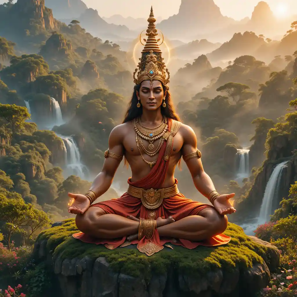Panchamukhi Hanuman in Meditazione in una Antica Giungla Nebbiosa