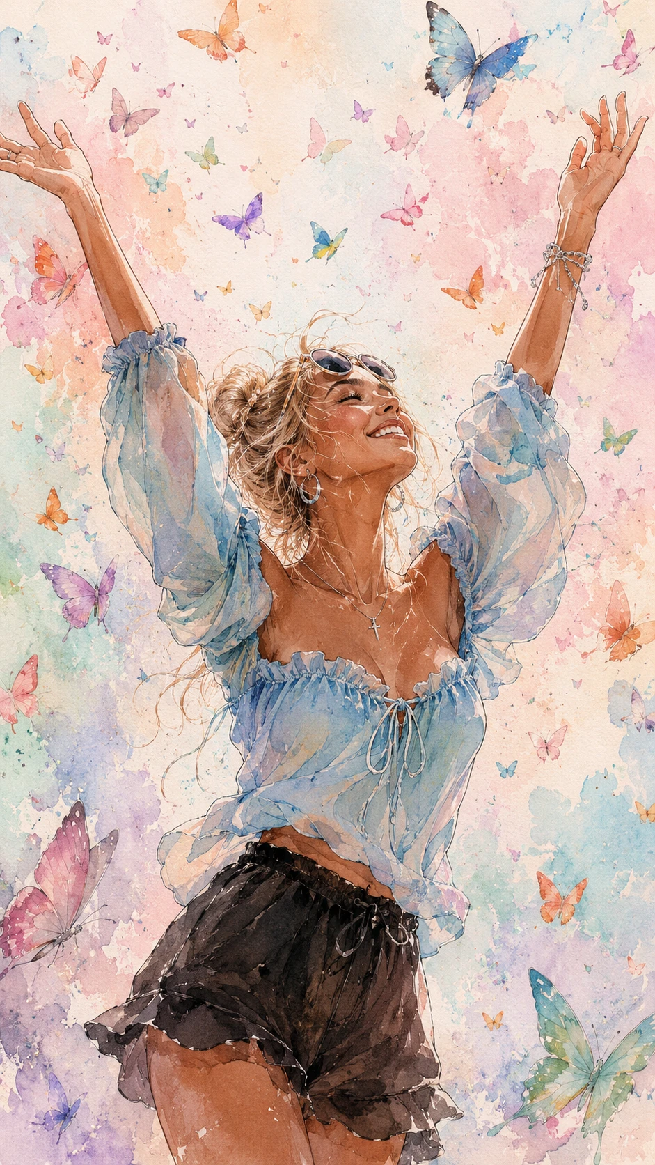 Joyful woman reaching upward among pastel butterflies