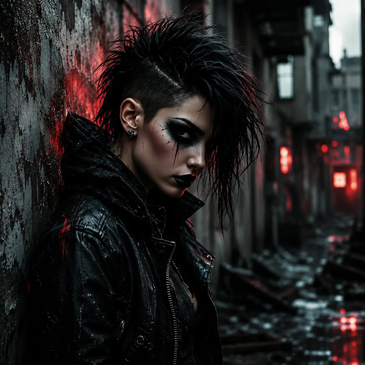 Punk woman in leather against decaying urban wall
