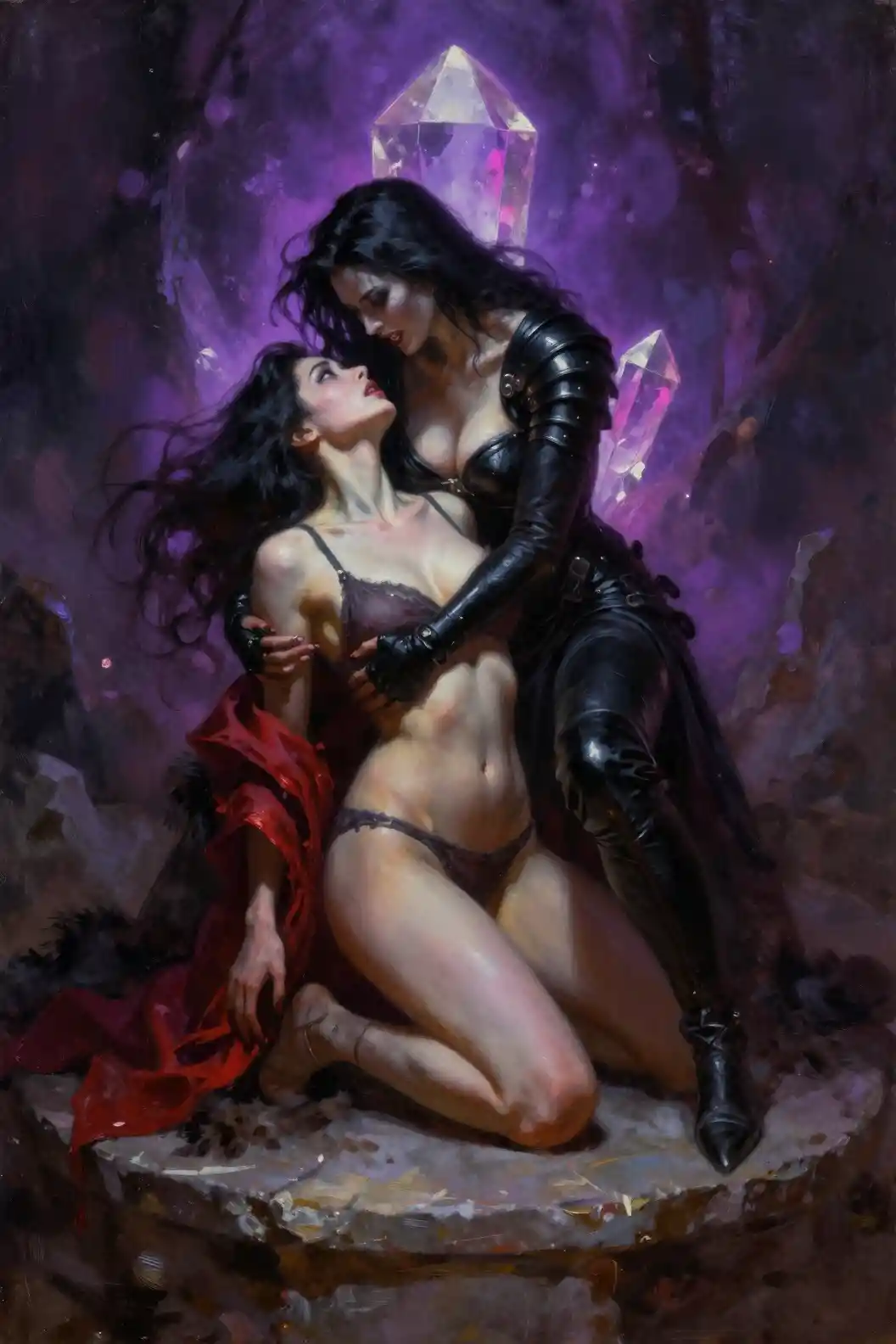 Dark sorceress embracing captive woman on stone altar