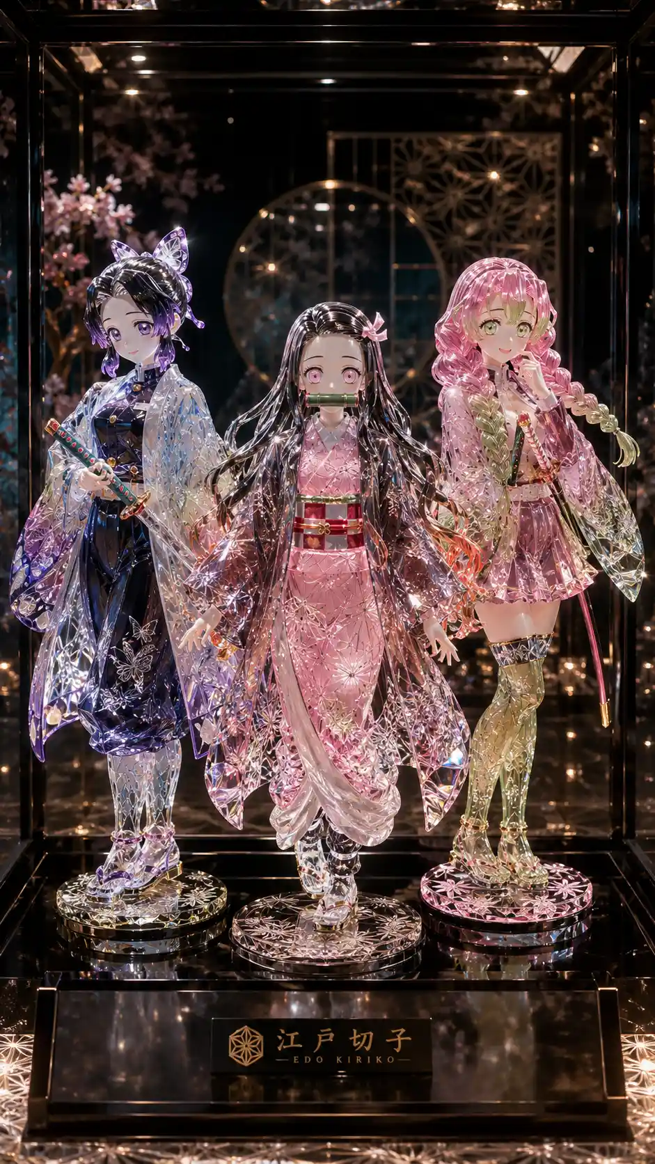 Anime girls as Edo Kiriko glass figures in a showcase
