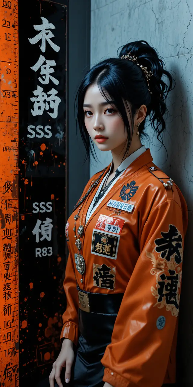 Black and orange fantasy woman mugshot style character poster