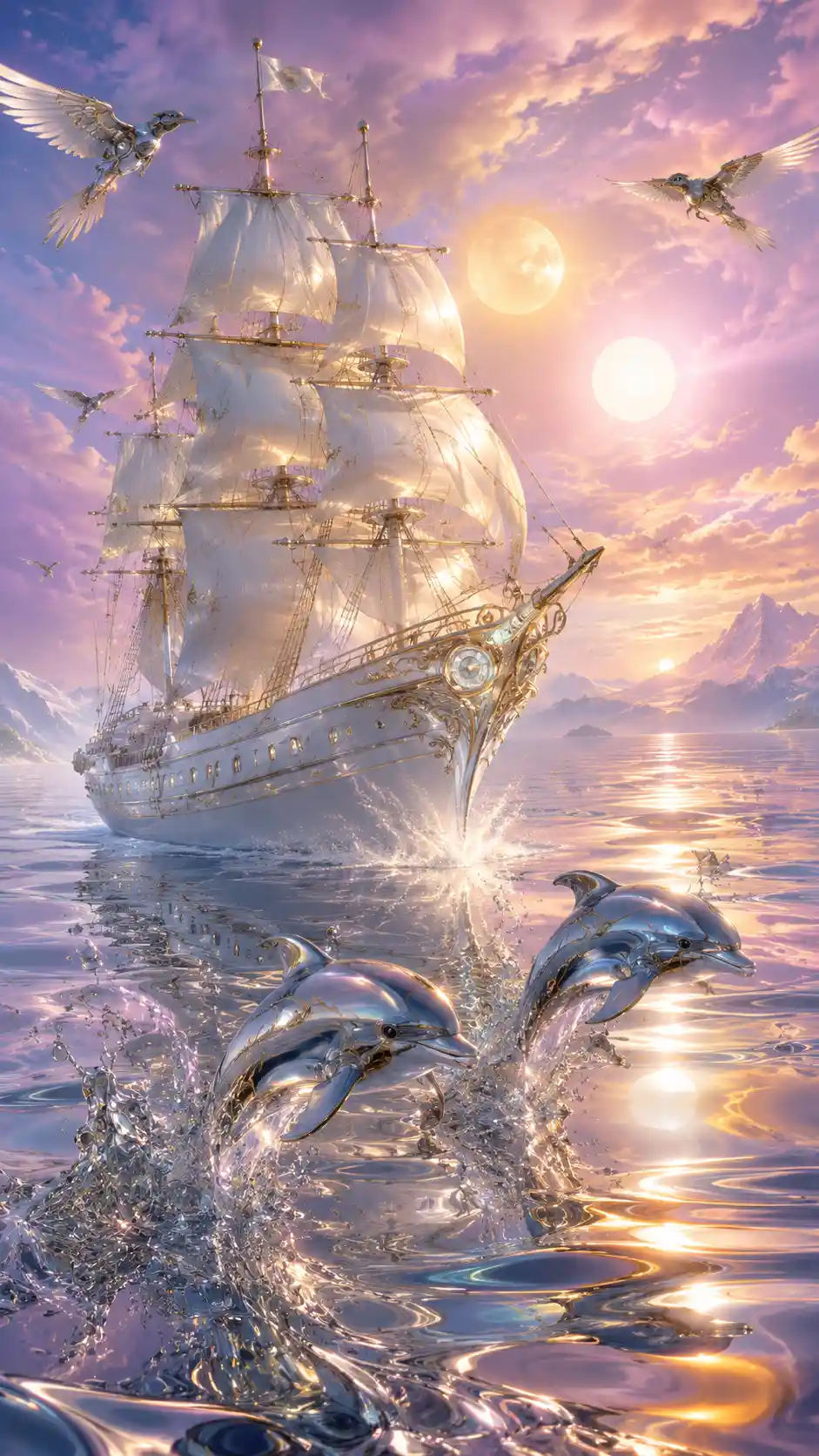 White sailing ship gliding across a reflective silver sea