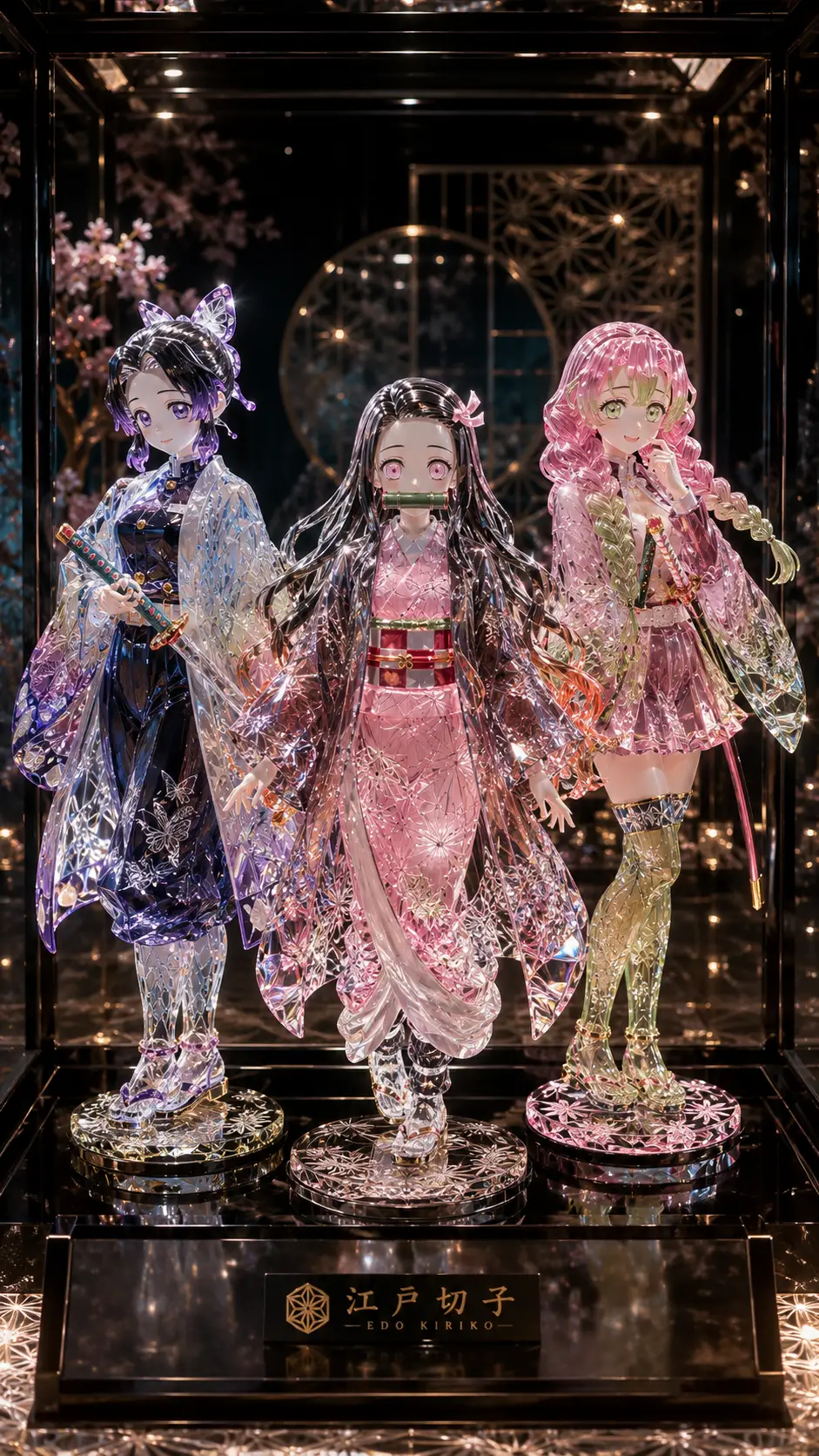 Anime girls as Edo Kiriko glass figures in a showcase