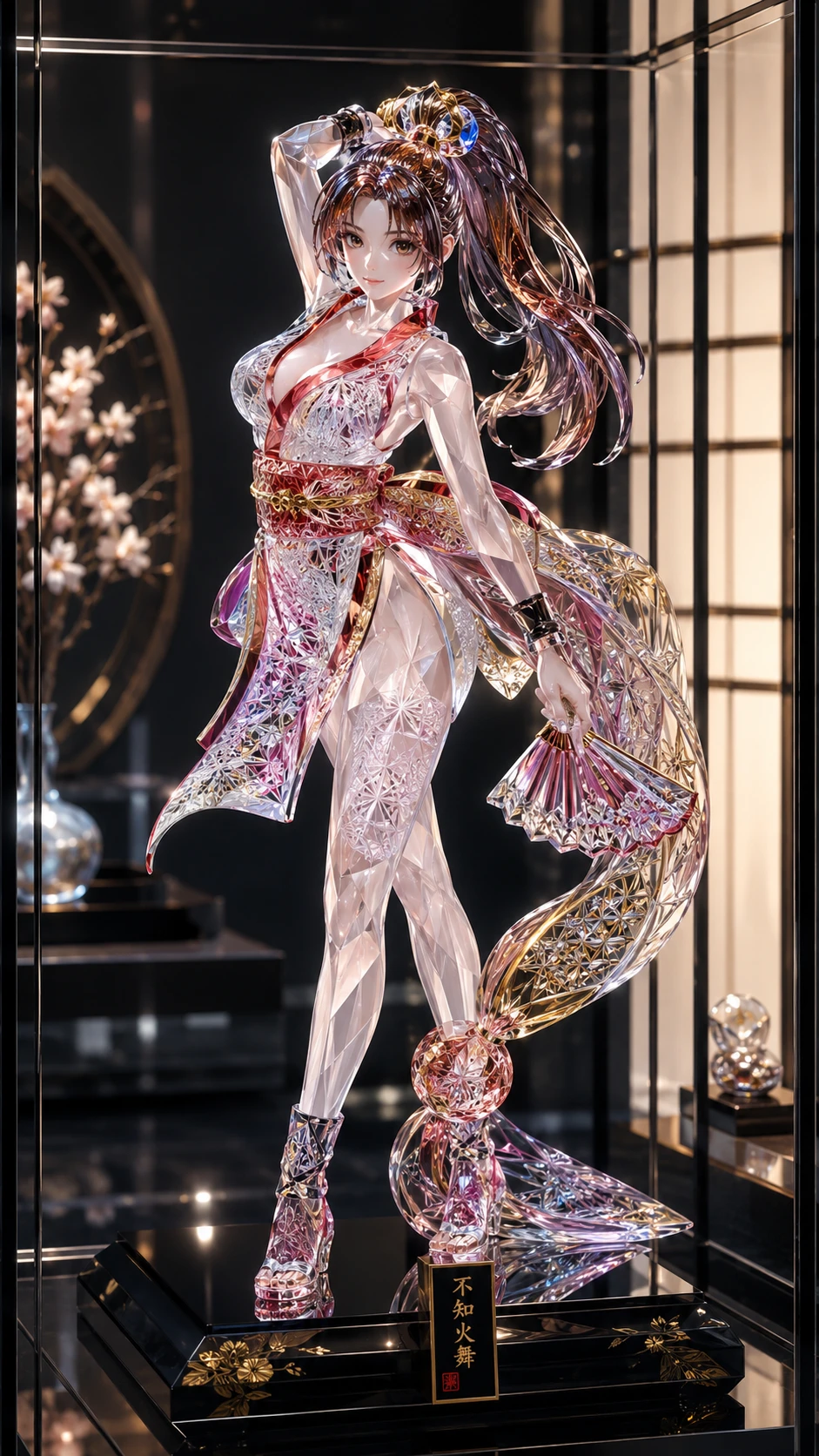 Edo Kiriko glass woman figure in black display case