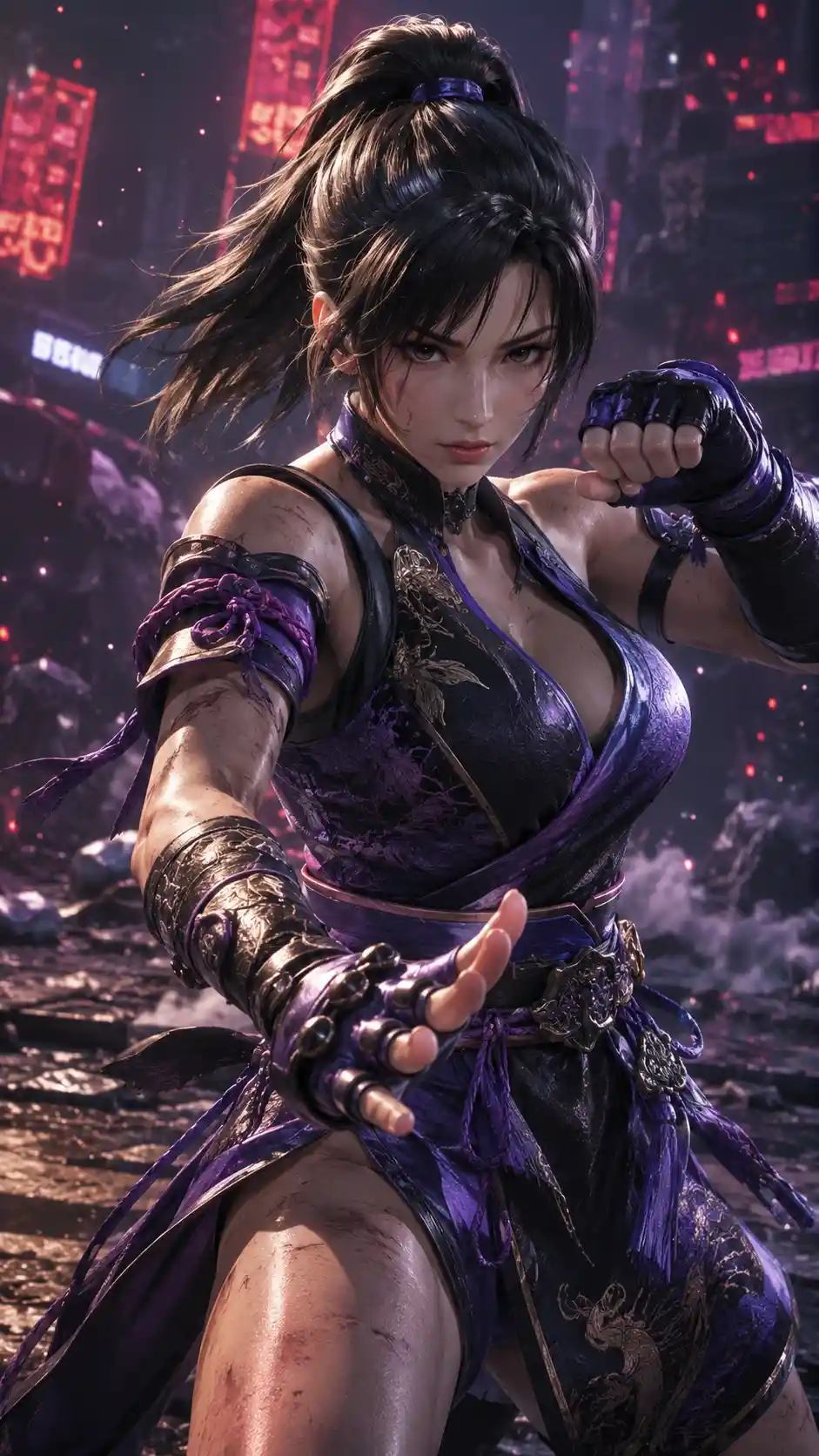 Fierce female warrior standing ready in a fantasy battle arena