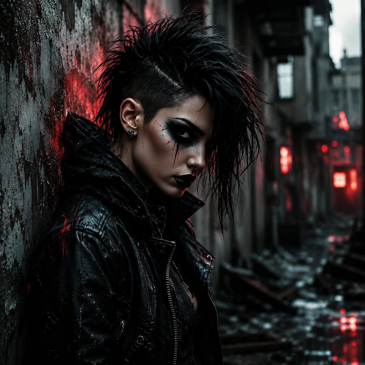 Punk woman in leather against decaying urban wall