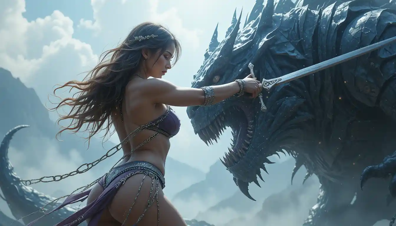 Brunette warrior in chained bikini facing a looming monster