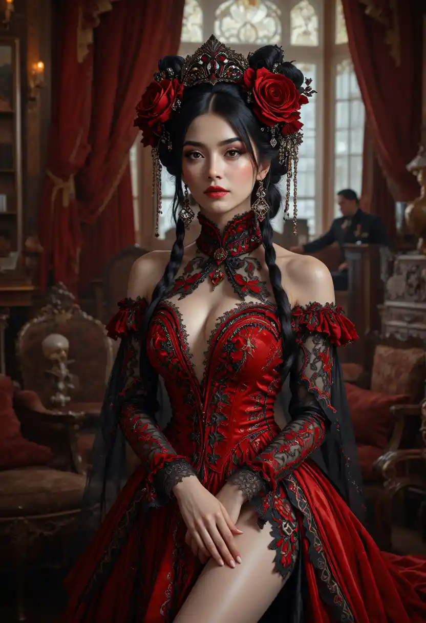 Gothic vampiress in red Victorian dress in parlor room