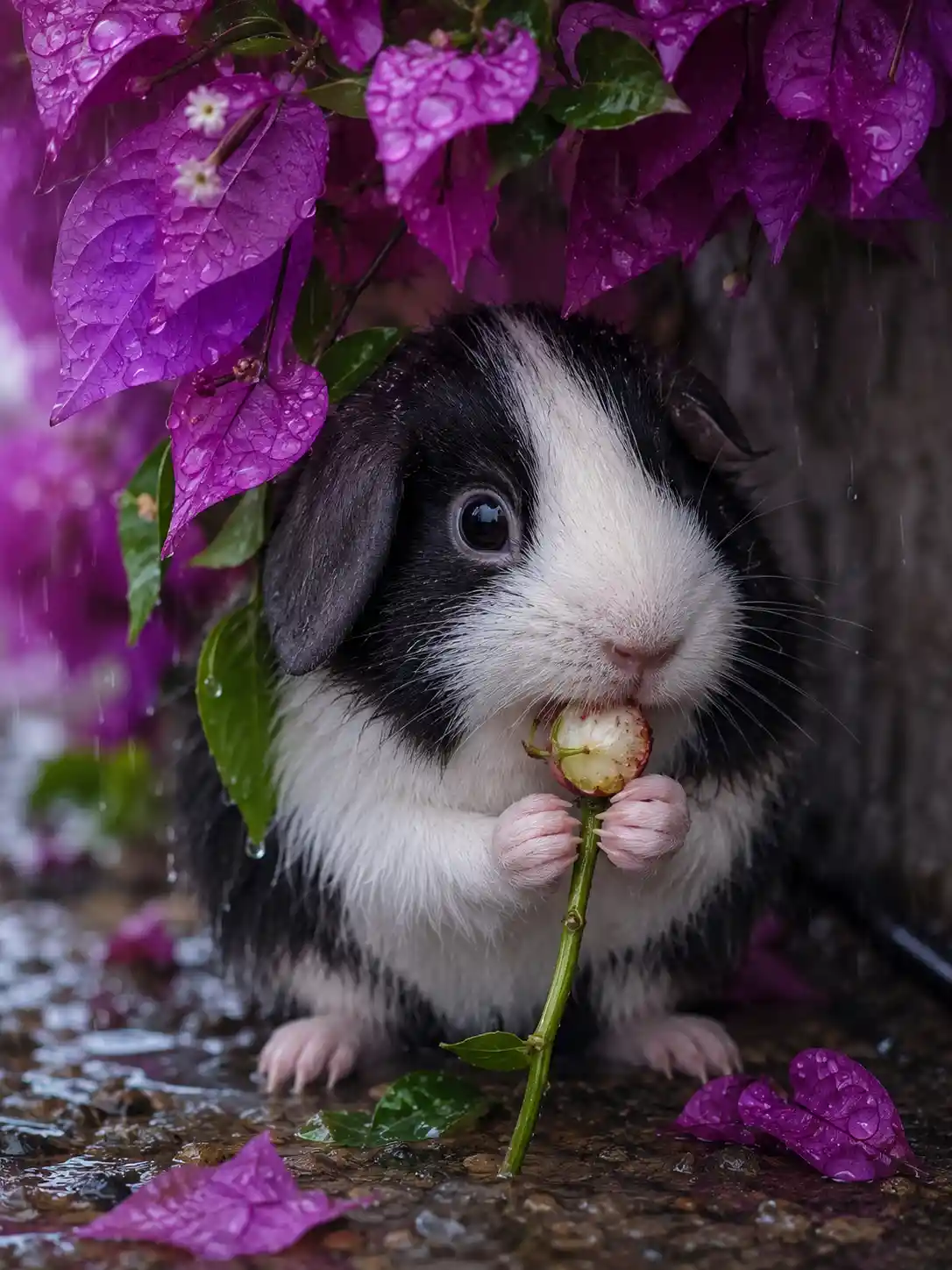 Small fantasy creature sheltering under purple bougainvillea