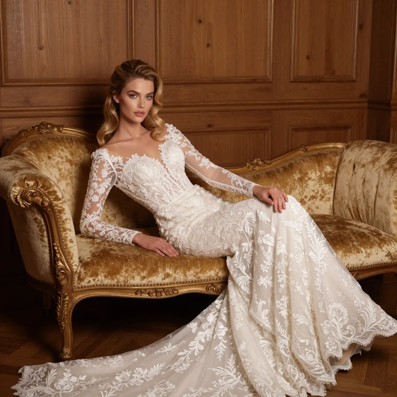 Elegant bride reclining on vintage velvet chaise longue