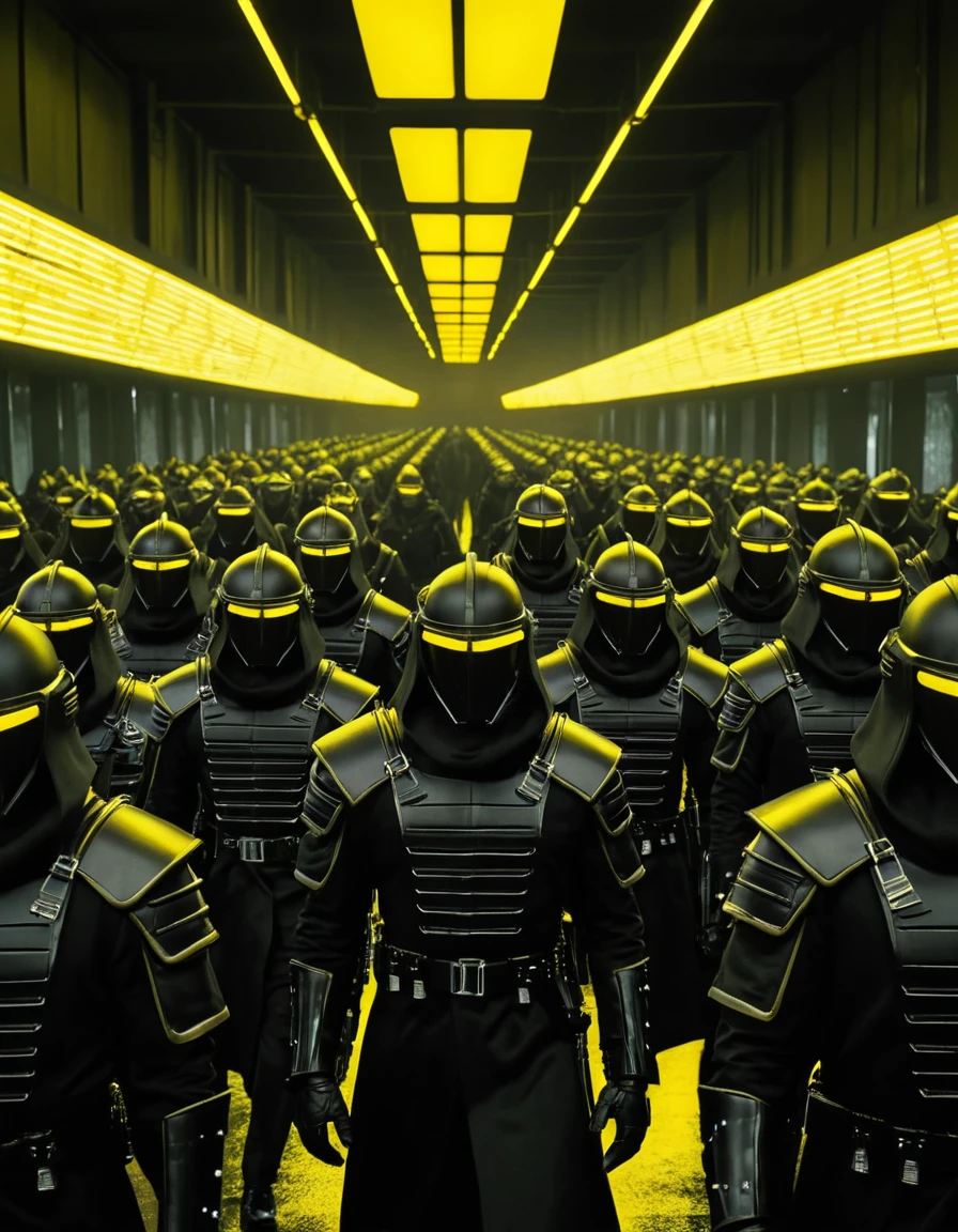 Futuristic army of soldiers marching through neon lit base