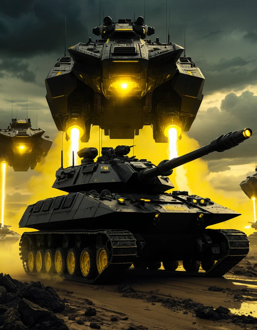 Giant sci fi tanks advancing across a stormy wasteland