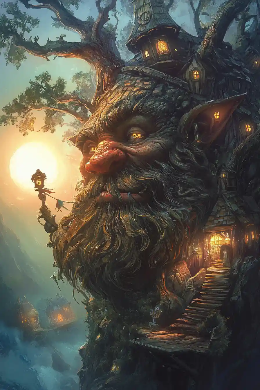 Personaggio fantasy fiabesco in un'illustrazione epica e vibrante