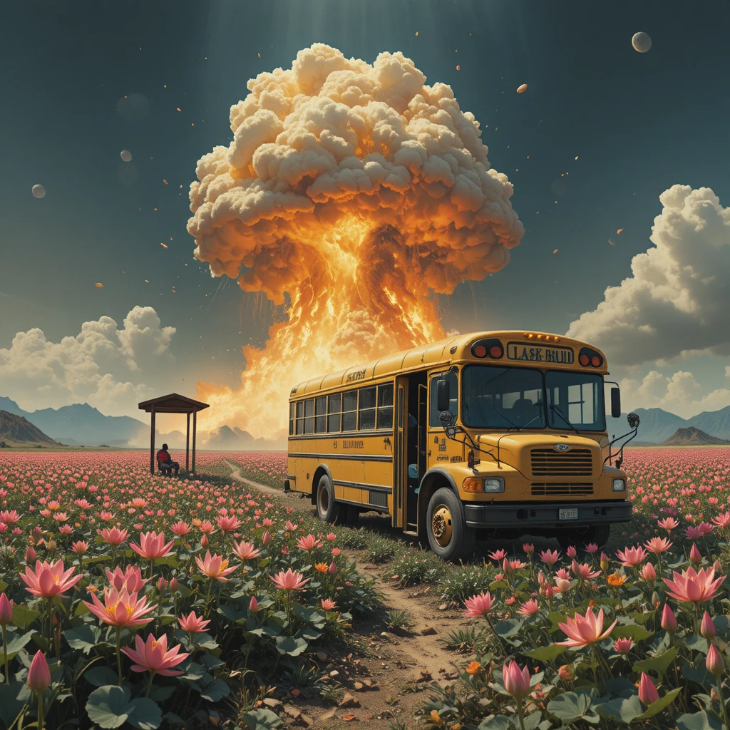 Surreal bus stop appearing in trembling lily flower fields
