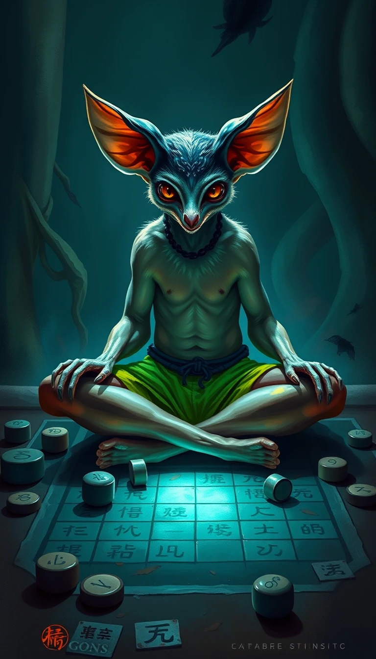 Mystical lemur playing go in a glowing jungle clearing