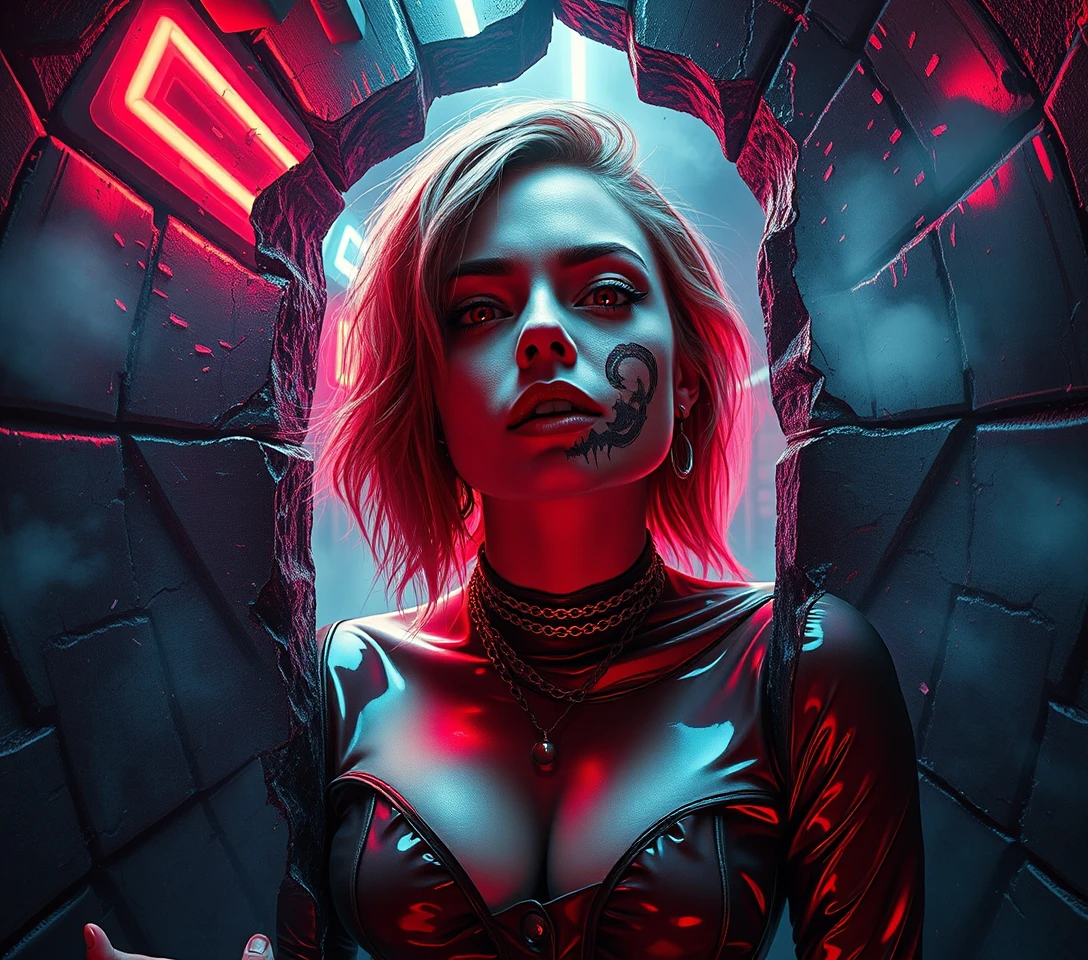 Surreal woman emerging from a fractured dimensional portal