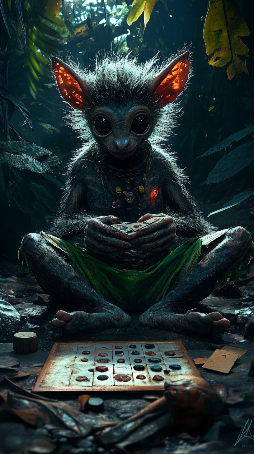 Mystical lemur playing go in a glowing jungle