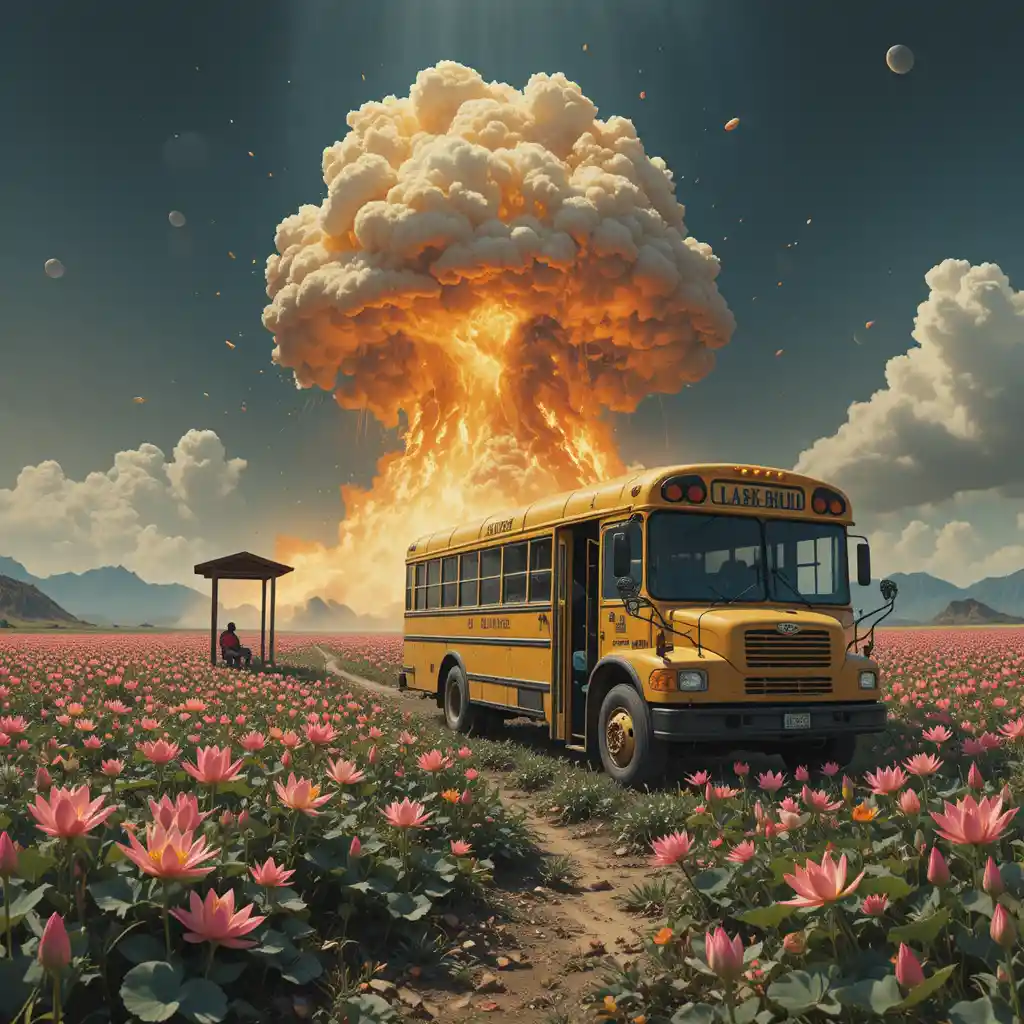 Surreal bus stop appearing in trembling lily flower fields