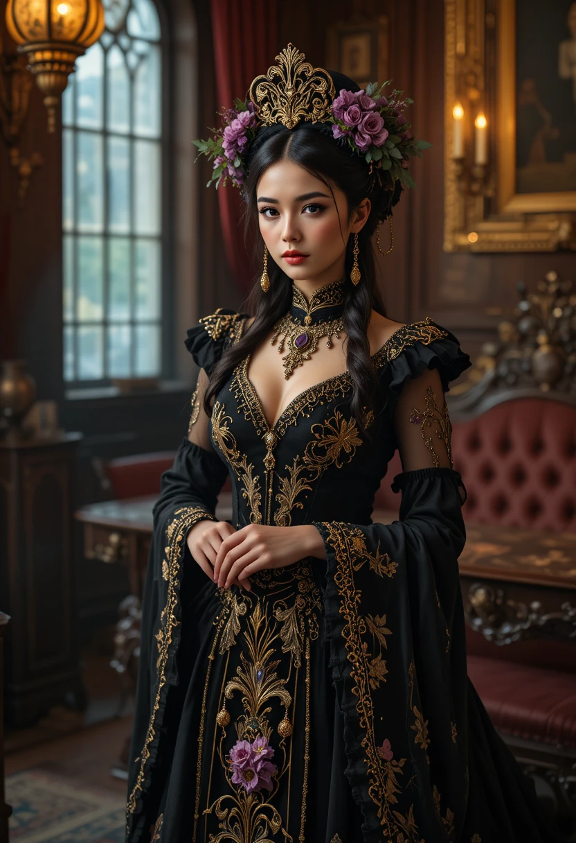 Victorian inspired Chinese woman in an ornate parlor room