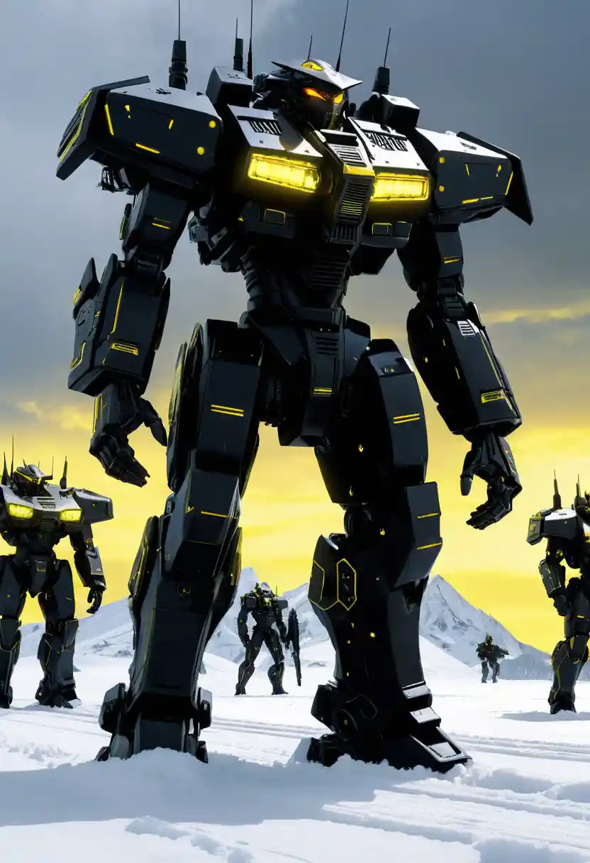 Giant alien mechs march through snowy mountain battlefield
