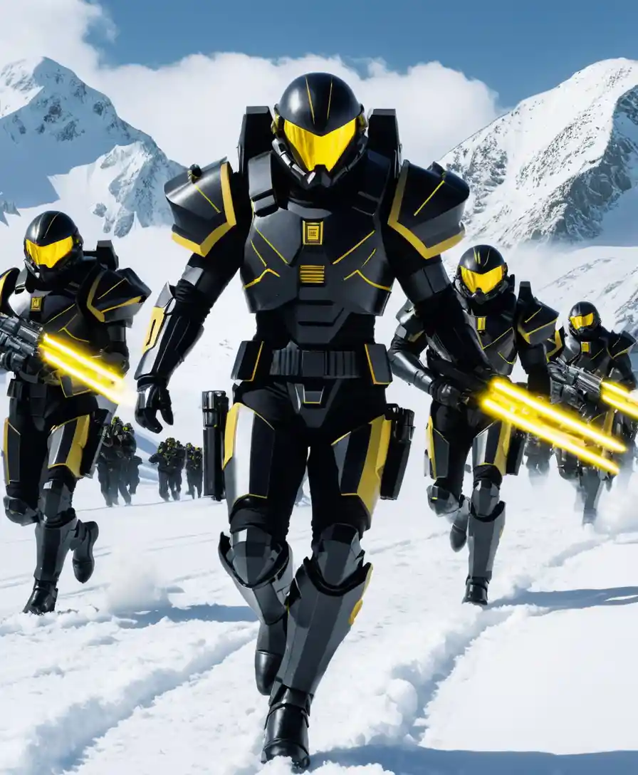 Futuristic soldiers charging across a snowy battlefield