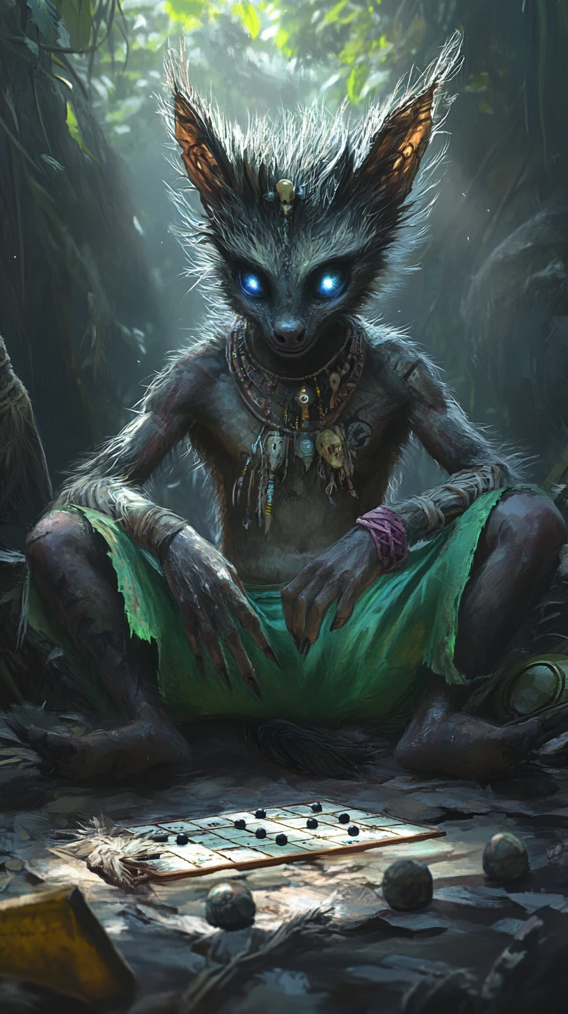 Mystical aye aye playing go in a shadowy jungle