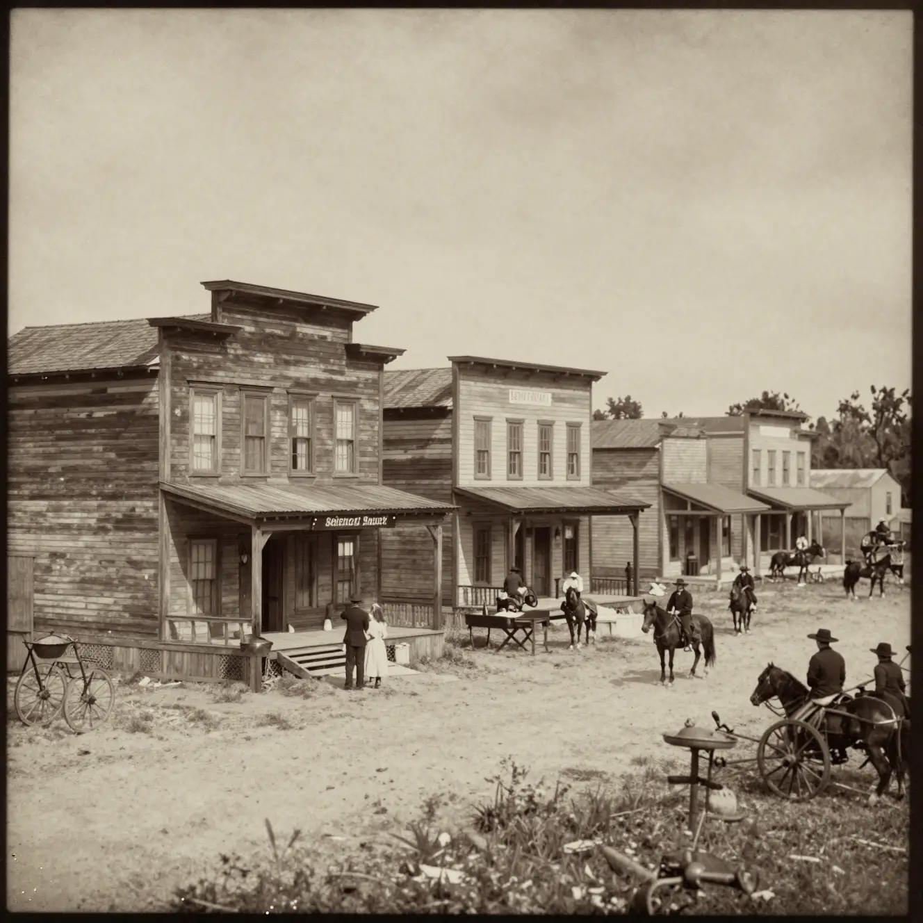 Sepia frontier town street with wooden saloon and hotel