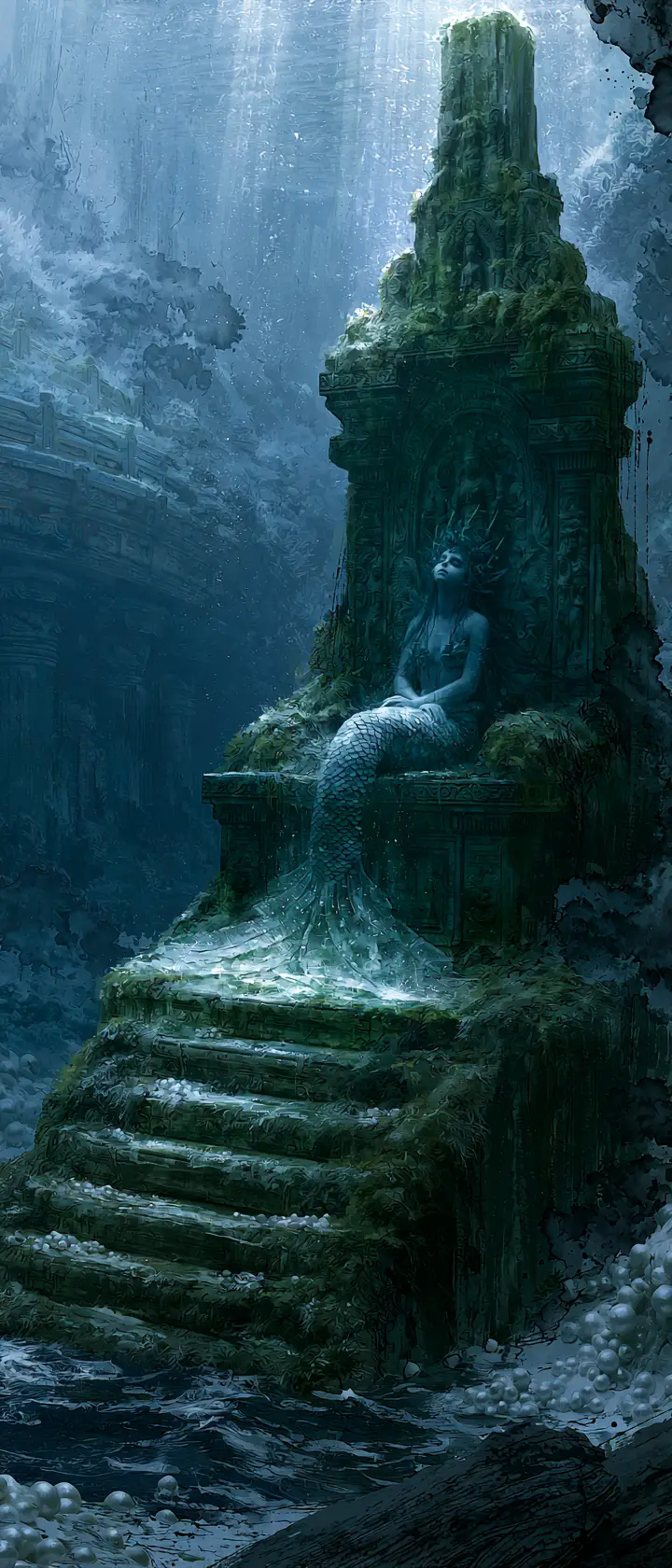 Solitary mermaid on a moss covered throne in underwater ruins