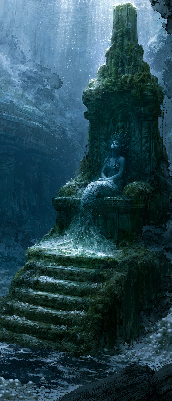 Solitary mermaid on a moss covered throne in underwater ruins